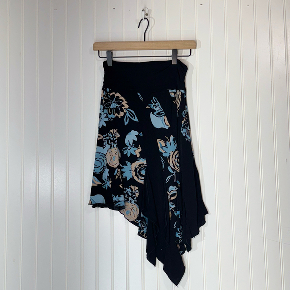 Y2K Bebe Handkerchief Hem Floral Skirt Black Bluebell Rose Print XS - Picture 1 of 8